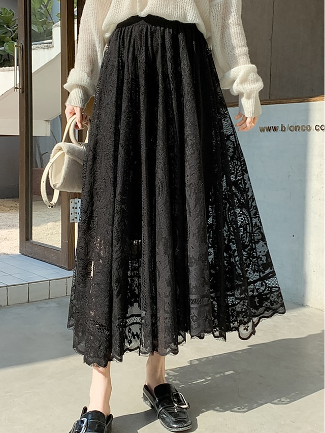 Womens Clothing Womens Bottoms | Womens Fashion Long Skirts Casual / Daily Weekend Solid Colored Lace Black Beige One-Size - GL5