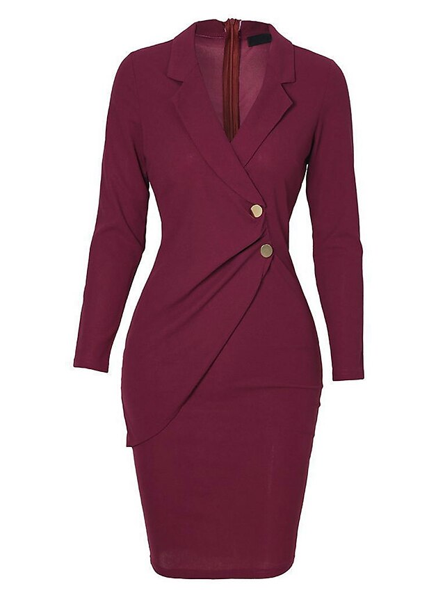 Womens Clothing Womens Dresses | Womens Sheath Dress Knee Length Dress Blue Black Purple Wine Long Sleeve Pure Color Ruched Zipp