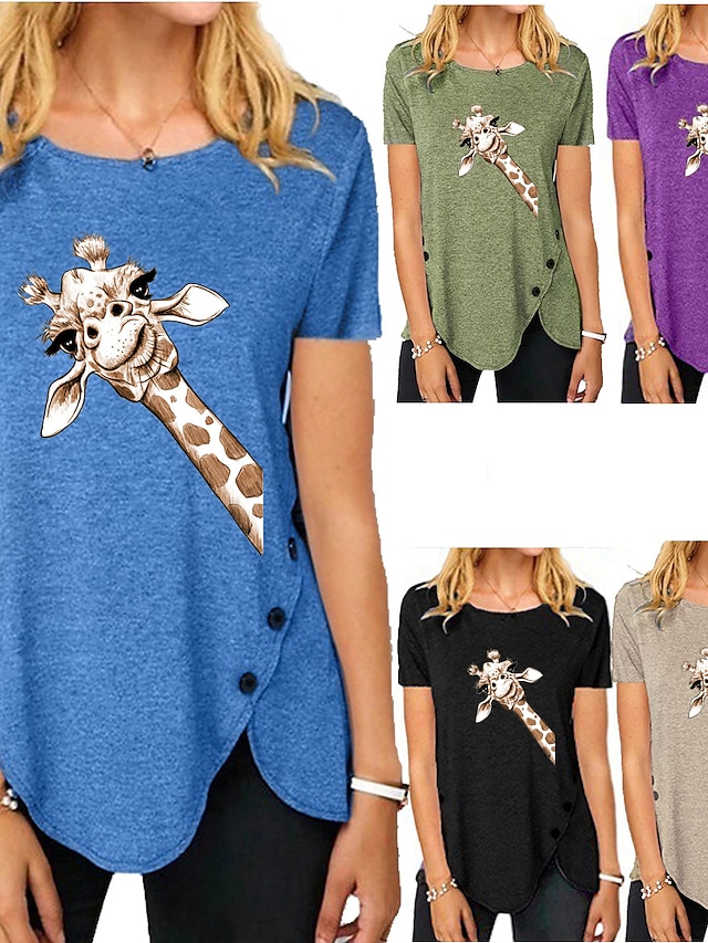 Womens Clothing Womens Tops | Womens Giraffe Casual Weekend Painting T shirt Tee Short Sleeve Button Print Round Neck Basic Esse