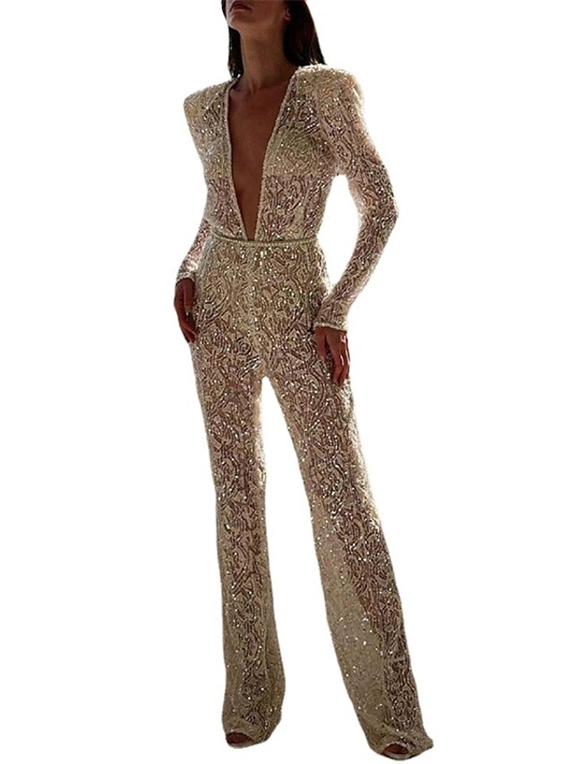 Women's Jumpsuit for Special Occasions See Through Beaded Sequin Solid ...