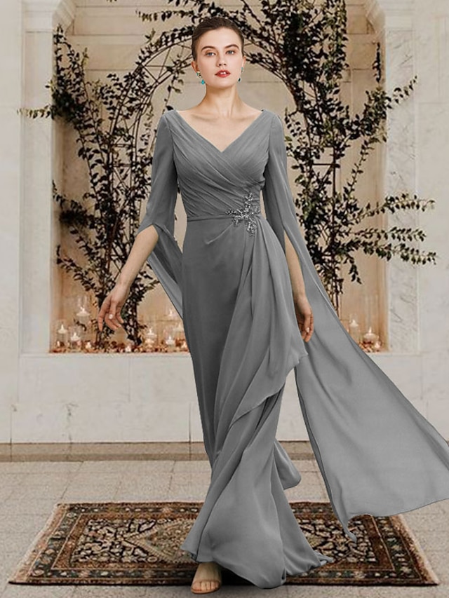 Sheath Column Mother Of The Bride Dress Elegant V Neck Floor Length Chiffon Half Sleeve With 4581