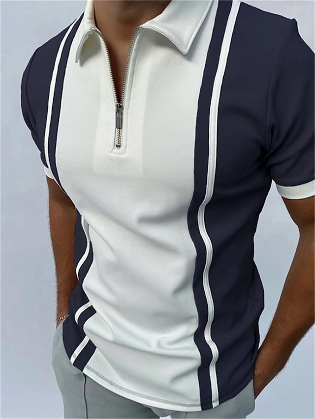  Men's Golf Shirt Striped Turndown Casual Daily Street Zipper Print Short Sleeve Tops Fashion Comfortable Sports Gray Navy Blue Summer Shirts Holiday Vacation Bussiness