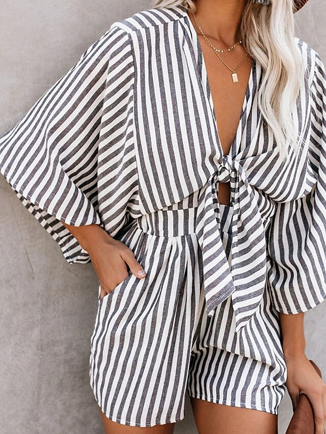 Womens Clothing Womens Jumpsuits & Rompers | Womens Romper Cut Out Print Striped V Neck Casual Daily Vacation Regular Fit 3/4 Le