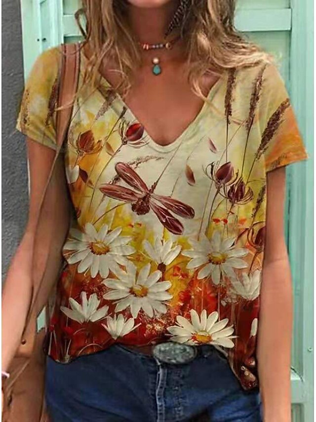 Womens Clothing Womens Tops | Womens Casual Holiday Weekend Floral 3D Printed Painting T shirt Tee Floral 3D Animal Short Sleeve