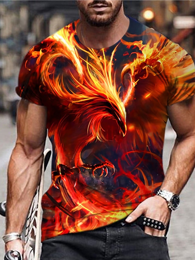  Phoenix Casual Mens 3D Shirt For Festival | Red Summer Cotton | Men'S Unisex Tee Graphic Prints Flame Crew Neck 3D Outdoor Street Short Sleeve Clothing Apparel Sports