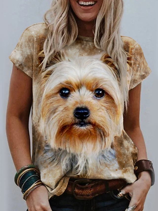  Women's 3D Printed Design T shirt Dog Graphic 3D Print Round Neck Basic Tops Brown