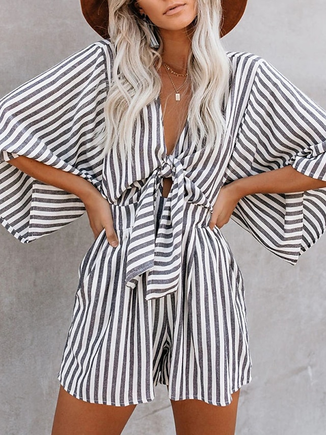 Womens Clothing Womens Jumpsuits & Rompers | Womens Romper Cut Out Print Striped V Neck Casual Daily Vacation Regular Fit 3/4 Le