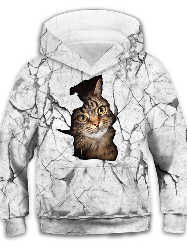 Baby & Kids Boys Clothing | Kids Boys Hoodie Long Sleeve White 3D Print Cat Animal Pocket Daily Indoor Outdoor Active Fashion Da