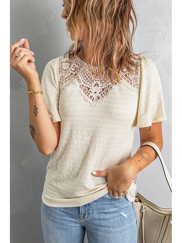 Womens Clothing Womens Tops | Womens Plain Casual Weekend T shirt Tee Short Sleeve Lace Patchwork Round Neck Basic Essential Top