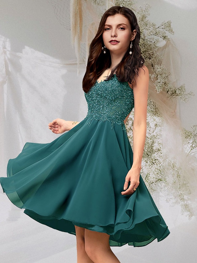  A-Line Flirty Elegant Homecoming Engagement Dress V Neck Backless Sleeveless Short / Mini Chiffon with Beading Lace Insert 2022