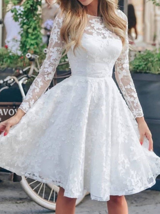  Women's Lace Dress Homecoming Dress Winter Dress Knee Length Dress White Long Sleeve Pure Color Lace Winter Fall Crew Neck Party Party Winter Dress