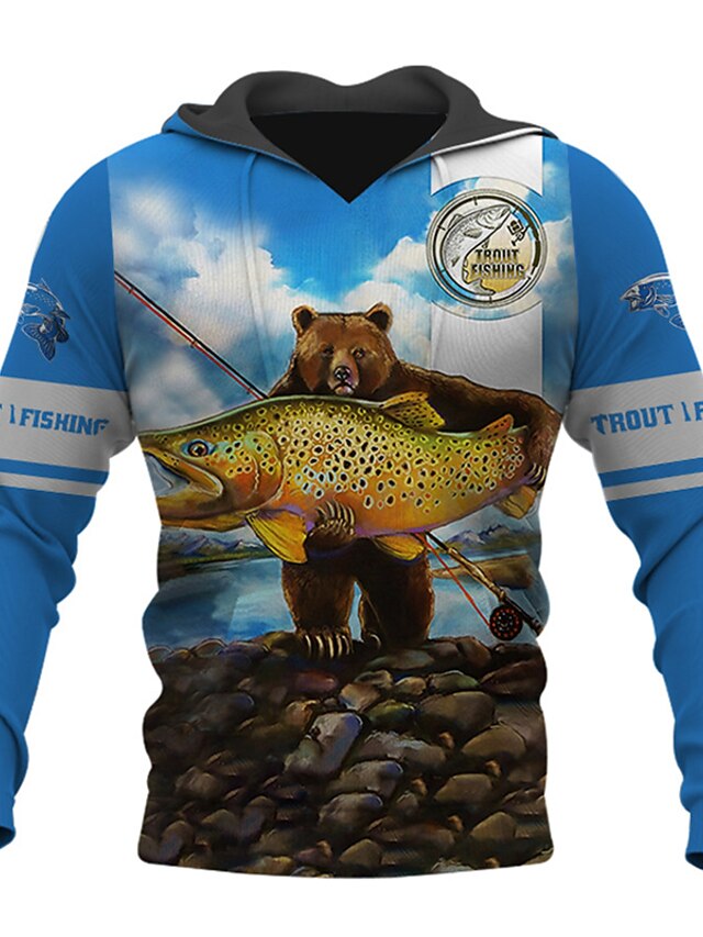  Homens Gráfico Animal Peixes Moletom Moletons Roupa de rua Designer Manga Longa Com Capuz Desportos e Ar livre Diário Khaki claro. Preto Imprimir Primavera & Outono Designer