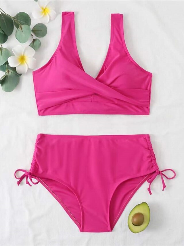 Womens Clothing Womens Swimwear | Womens Swimwear Bikini 2 Piece Normal Swimsuit Open Back Pure Color Green Black Fuchsia Red V 