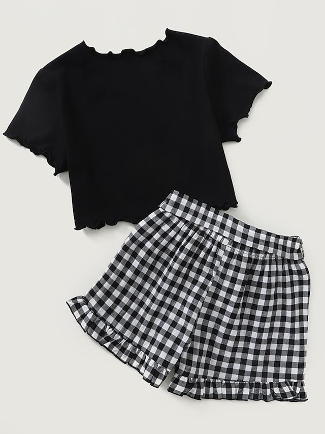 Baby & Kids Girls Clothing | Kids Girls T-shirt & Shorts Clothing Set 2 Pieces Short Sleeve Black Cartoon Plaid Letter Patchwork