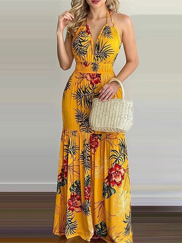 Womens Clothing Womens Dresses | Womens A Line Dress Maxi long Dress Green Blue Dark Green Orange Yellow Sleeveless Floral Backl