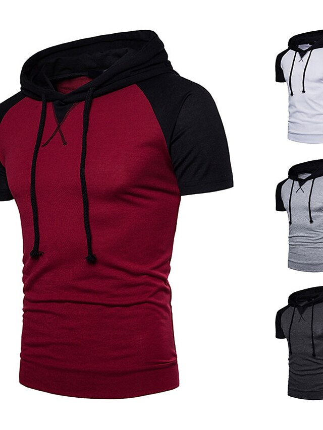 Mens Clothing Mens Tees & Tank Tops | Mens T shirt Tee Color Block Hooded Street Casual Drawstring Short Sleeve Tops Casual Fash