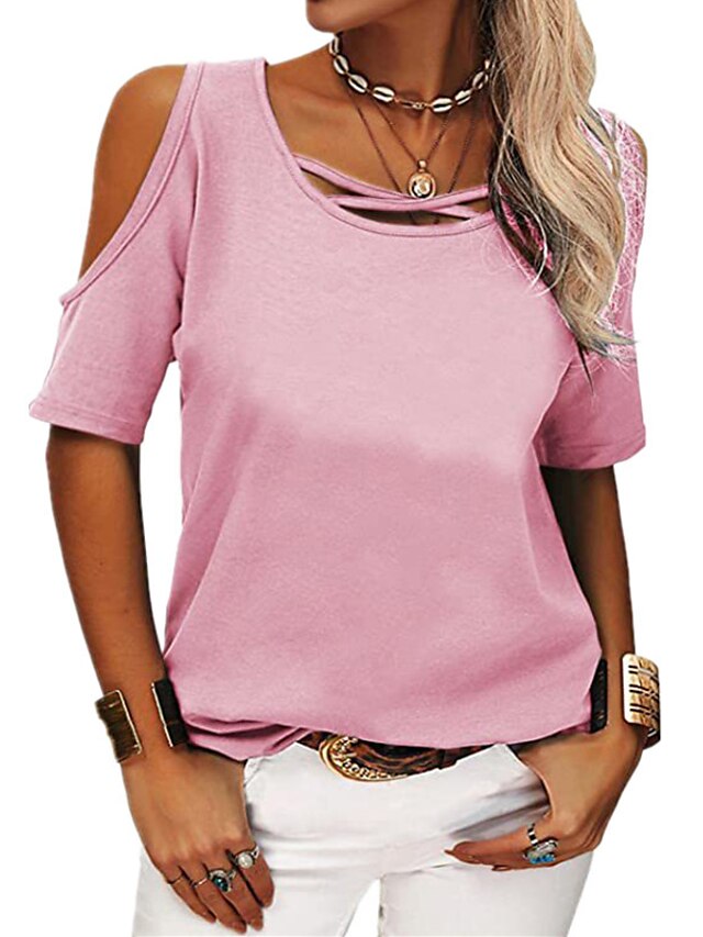 Womens Clothing Womens Tops | Womens Casual Weekend T shirt Tee Plain Short Sleeve Cut Out Cold Shoulder Round Neck Basic Tops W