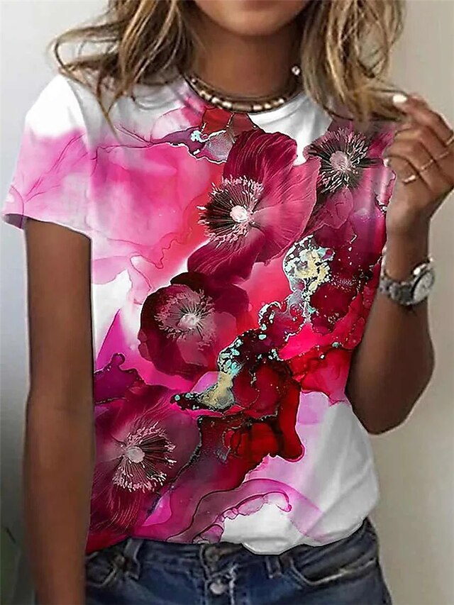 Womens Clothing Womens Tops | Womens Casual Daily T shirt Tee Floral Plants Short Sleeve Round Neck Basic Tops Red S / 3D Print 