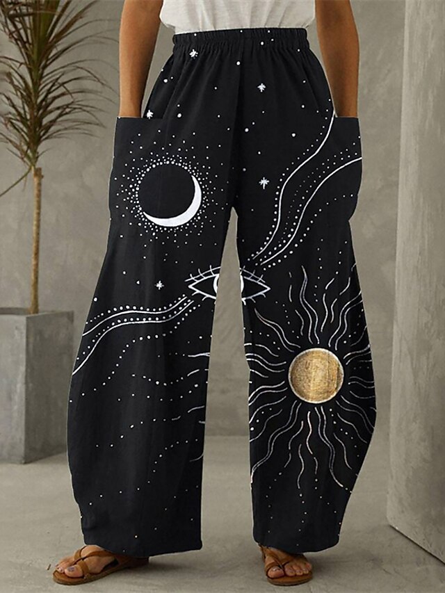 Womens Clothing Plus Size Collection | Womens Plus Size Wide Leg Chinos Pocket Print Galaxy Star Moon Space Casual Chino Casual 