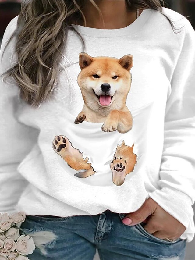 Womens Clothing Plus Size Collection | Womens Plus Size Tops Pullover Sweatshirt Cat Dog Print Long Sleeve Crewneck Streetwear D