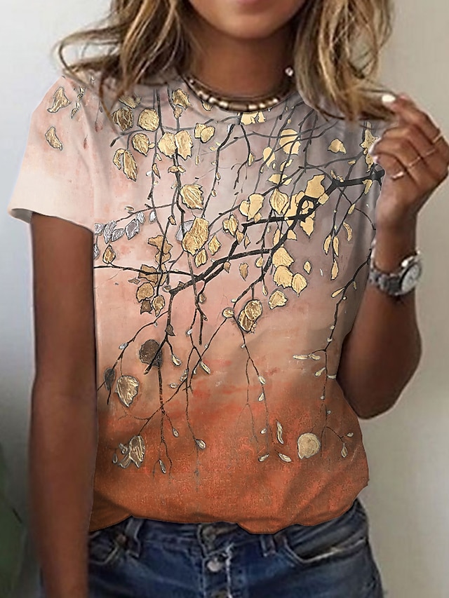  Women's Floral Casual Holiday Weekend Floral Painting Short Sleeve T shirt Tee Round Neck Print Basic Essential Tops Green Blue Purple S / 3D Print