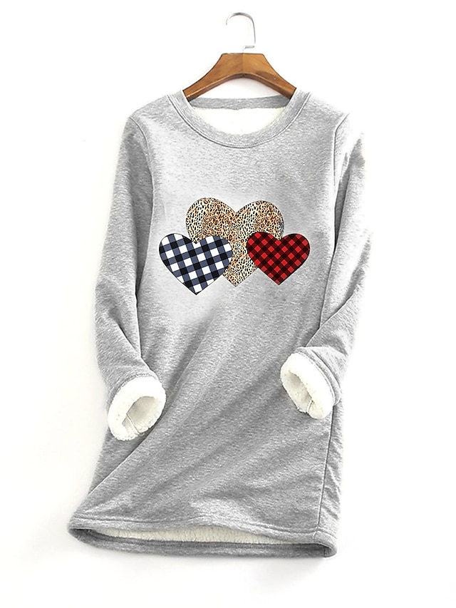 Womens Clothing Plus Size Collection | Womens Plus Size Tops Pullover Sweatshirt Heart Print Long Sleeve Round Neck Hoodie Valen