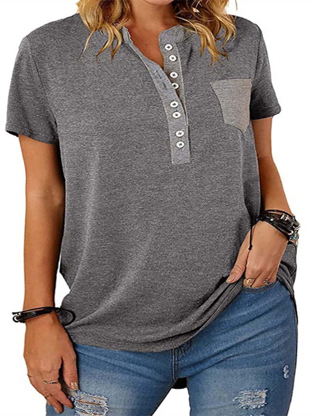 Womens Clothing Plus Size Collection | Womens Plus Size Tops Blouse T shirt Tee Plain Pocket Button Short Sleeve V Neck Streetwe