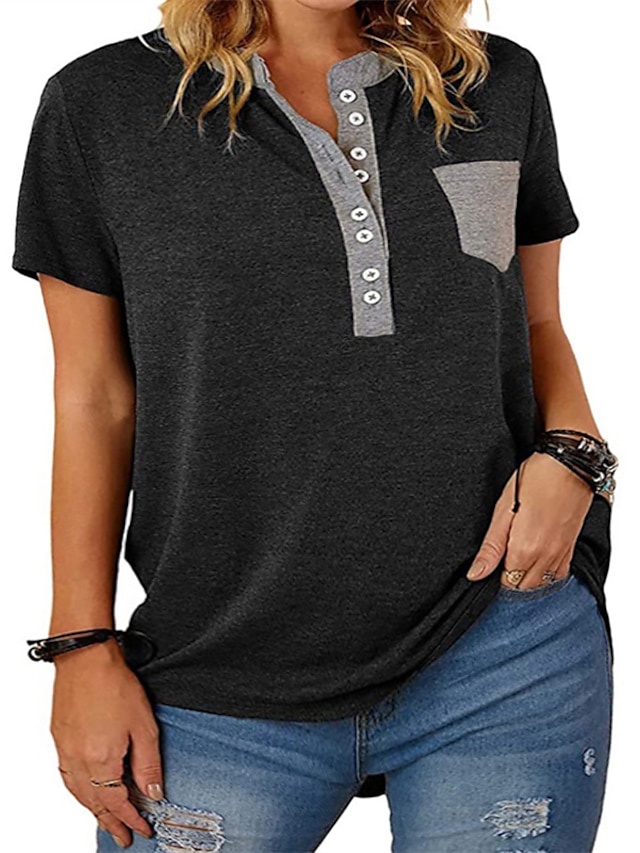 Womens Clothing Plus Size Collection | Womens Plus Size Tops Blouse T shirt Tee Plain Pocket Button Short Sleeve V Neck Streetwe