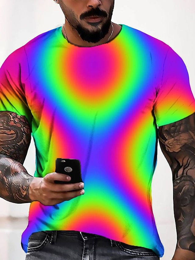 Men's T shirt Tee Tee Graphic Round Neck Pink Blue Green Light Blue 3D ...