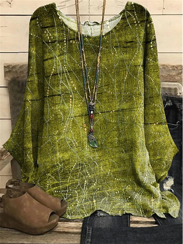 Women's Blouse Long Sleeve Pullover Top Leafy Print Bell Sleeve Green Shimmer Casual Bohemian Round Neck Oversized Fit Spring Summer Apparel 8