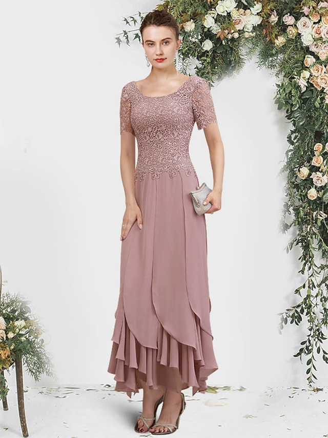  A-Line Mother of the Bride Dress Elegant Scoop Neck Ankle Length Chiffon Lace Short Sleeve with Pleats Ruffles Appliques 2022