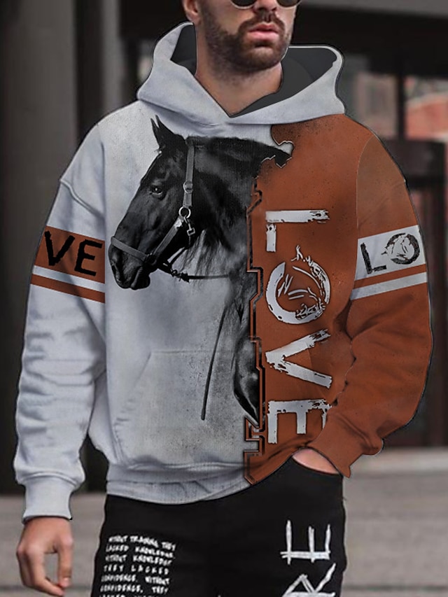 Mens Clothing Mens Hoodies & Sweatshirts | Mens Pullover Hoodie Sweatshirt Graphic Horse Letter Print Hooded Sports & Outdoor Da