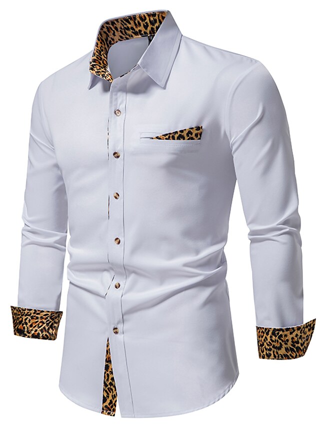 Mens Clothing Mens Shirts | Mens Shirt non-printing Leopard Plus Size Button Down Collar Daily Long Sleeve Tops Fashion White Bl