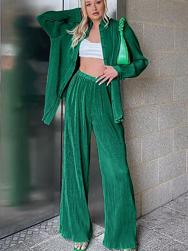 Mujer Básico Color sólido Casual Ropa Cotidiana Conjunto de dos piezas  Blusa Conjuntos de pantalones Pantalones anchos Pantalones de campana Tops  8980893 2022 – $58.49