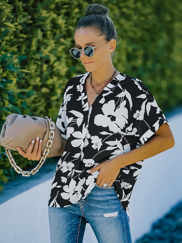 Womens Clothing Womens Tops | Womens Floral Daily Holiday Weekend Floral Blouse Shirt Short Sleeve Button Print V Neck Casual St