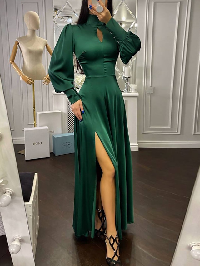 Women's Party Dress Maxi long Dress Green Long Sleeve Pure Color Split Hollow Out Spring Summer Round Neck Party Stylish Elegant Prom Dress Loose 2022 S M L XL