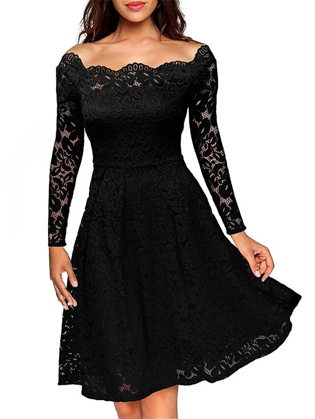 Womens Clothing Womens Dresses | Womens A Line Dress Knee Length Dress Black Purple Wine Short Sleeve Pure Color Lace Cold Shoul