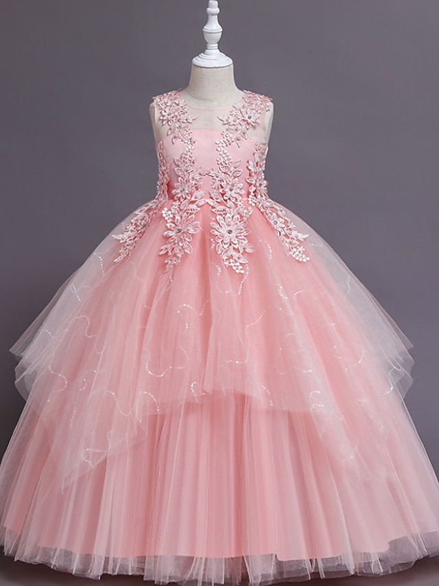  barn flickor blommig enfärgad en linje klänning prestanda bröllopsfest ruched mesh rosa ljusblå vit maxi ärmlös söta prinsessklänningar sommar höst normal passform 3-12 år