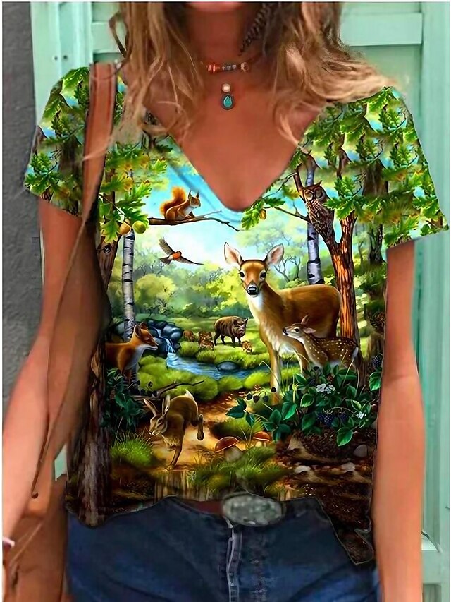 Womens Clothing Womens Tops | Womens 3D Reindeer Casual Weekend 3D Printed Painting T shirt Tee Short Sleeve Print V Neck Basic 