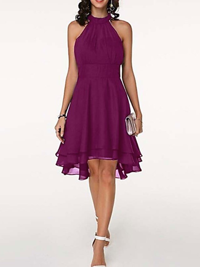  A-Line Flirty Empire Engagement Cocktail Party Dress Halter Neck V Back Sleeveless Knee Length Chiffon with Sleek Tier 2022