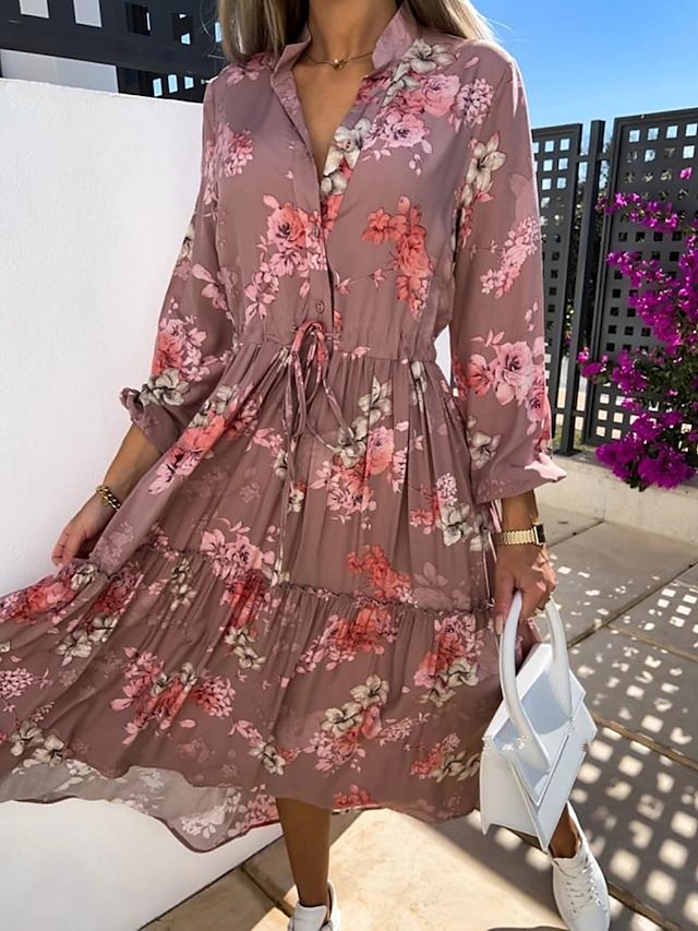 Womens Clothing Womens Dresses | Womens Swing Dress Midi Dress Blue Pink Long Sleeve Floral Print Spring Summer Stand Collar Ele