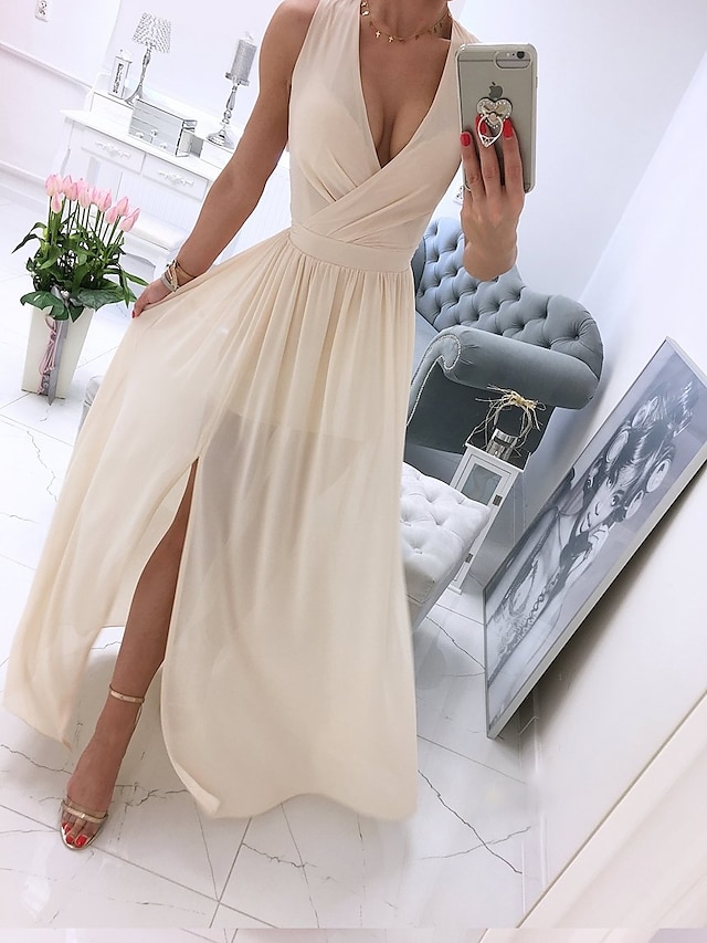  Women's Party Dress Swing Dress Long Dress Maxi Dress Leather Pink White Light Green Pure Color Sleeveless Spring Summer Split Vacation V Neck Party Wedding Guest Spring Dress 2023 S M L XL 2XL