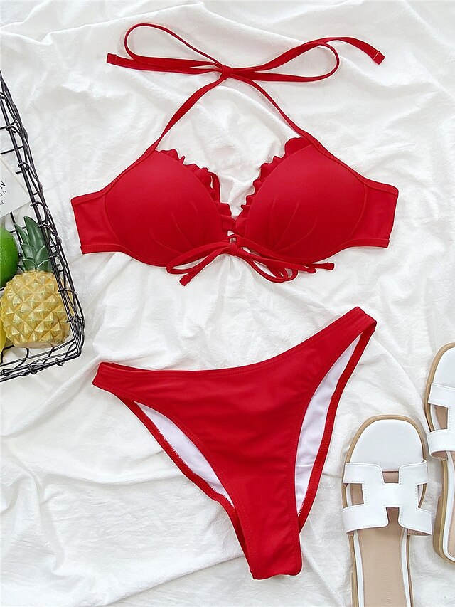 Womens Clothing Womens Swimwear | Womens Swimwear Bikini 2 Piece Normal Swimsuit Open Back Pure Color Red Halter V Wire Bathing 