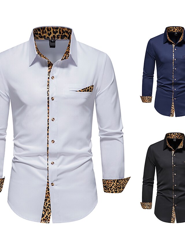 Mens Clothing Mens Shirts | Mens Shirt non-printing Leopard Plus Size Button Down Collar Daily Long Sleeve Tops Fashion White Bl