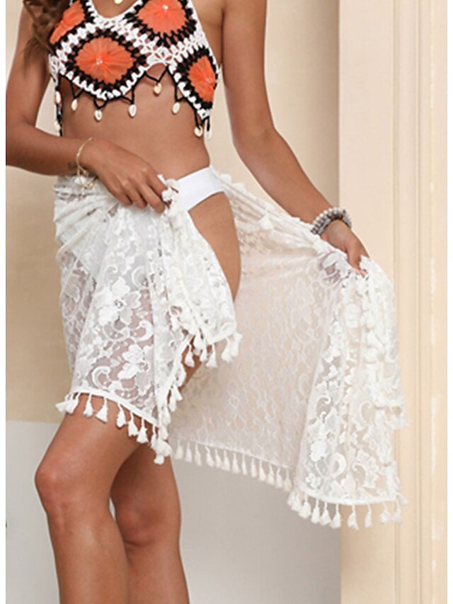 Womens Clothing Womens Swimwear | Womens Swimwear Cover Up Beach Towel wrap Normal Swimsuit Tassel Lace Pure Color White Bathing