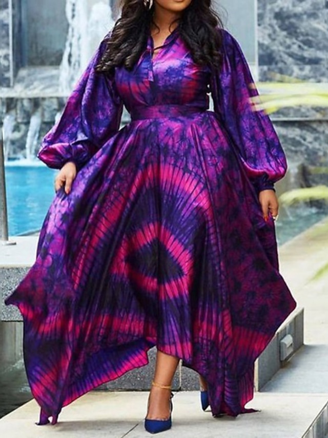  Women‘s Plus Size Curve Holiday Dress Floral V Neck Print Puff Sleeve Long Sleeve Winter Fall Elegant Maxi long Dress Daily Vacation Dress