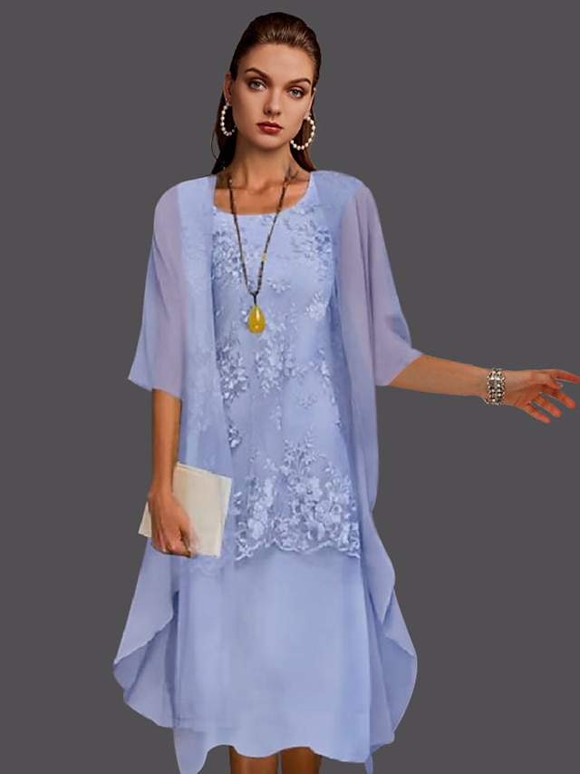  Two Piece Sheath / Column Mother of the Bride Dress Elegant Jewel Neck Tea Length Chiffon Lace Sleeveless Jacket Dresses with Appliques 2023