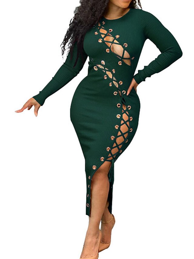 Womens Clothing Womens Dresses | Womens Bodycon Midi Dress Black Wine Dark Green Dark Blue Long Sleeve Pure Color Split Hollow O