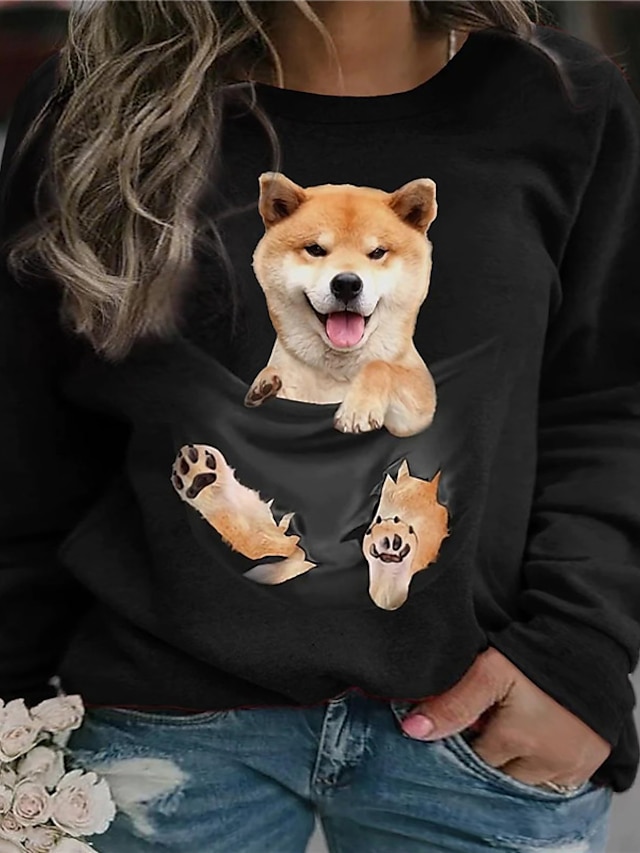 Womens Clothing Plus Size Collection | Womens Plus Size Tops Pullover Sweatshirt Cat Dog Print Long Sleeve Crewneck Streetwear D