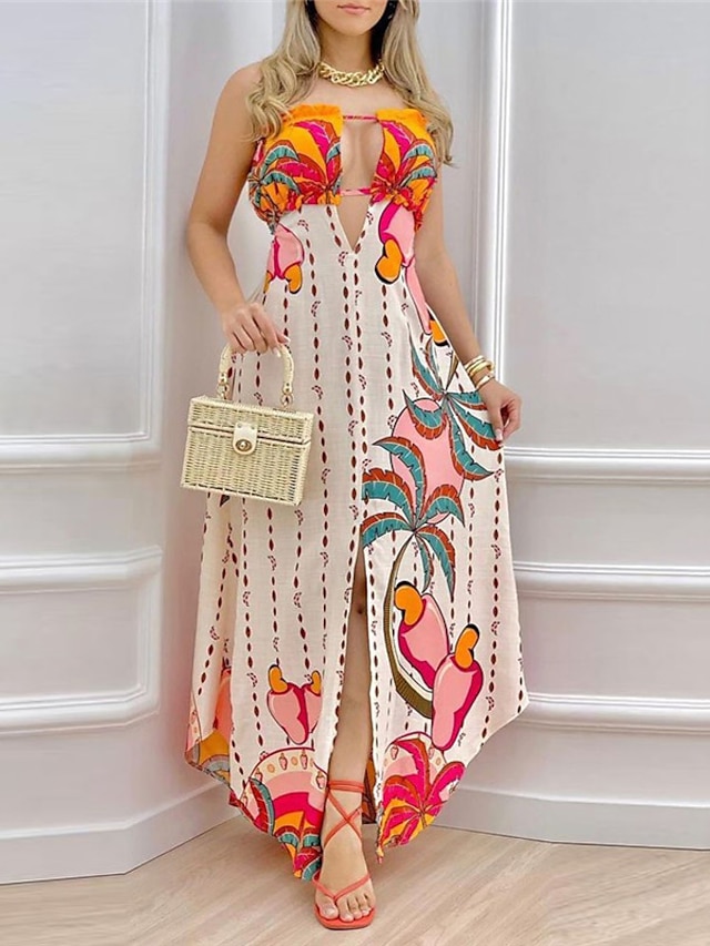 Womens Clothing Womens Dresses | Womens A Line Dress Maxi long Dress Rainbow Sleeveless Floral Backless Print Spring Summer Stra